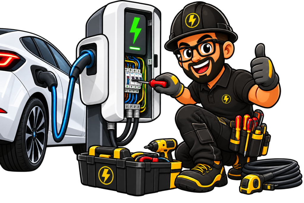 Électricien souriant installant une borne de recharge