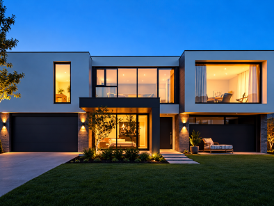 maison moderne illuminée au crépuscule