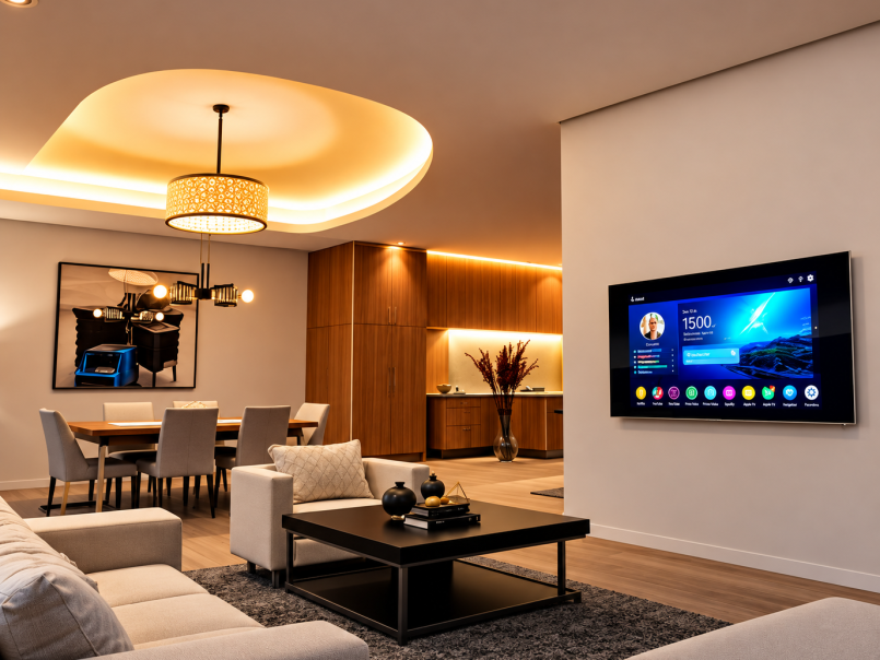 salon contemporain chaleureux avec tv connectée